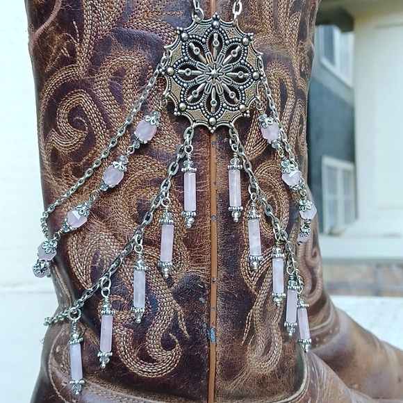 Real Rose Quartz Crystal Handmade Boot Jewelry Cowgirl Boot Bracelet - Picture 2 of 6